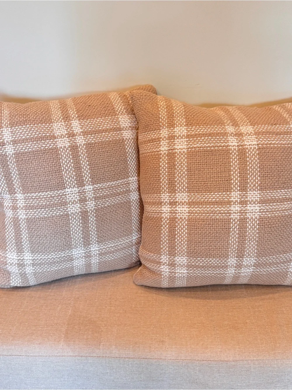 Plaid Decorative Throw Pillows Set of 2 Beige White Reversible 18x18 Farmhouse
